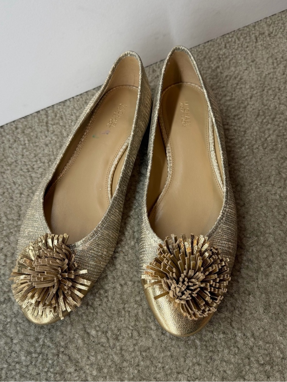 Michael Kors Lolita Ballet Flats Gold Metallic Pom Pom Pointed Toe Shoes 9.5